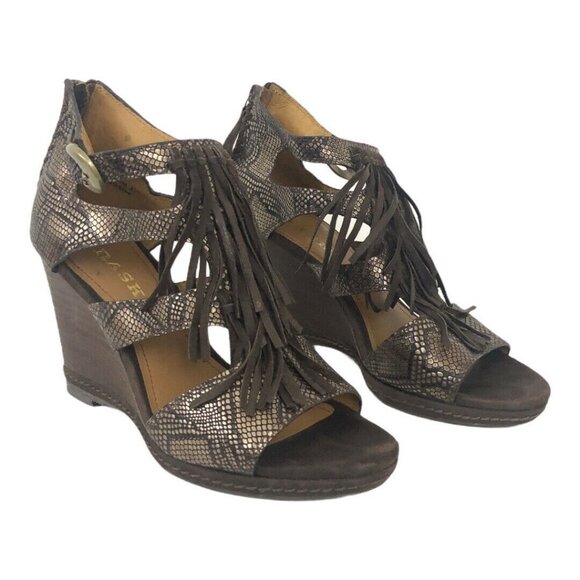 Trask Felicity Snake Print Fringe Wedge Sandals - Picture 1 of 6